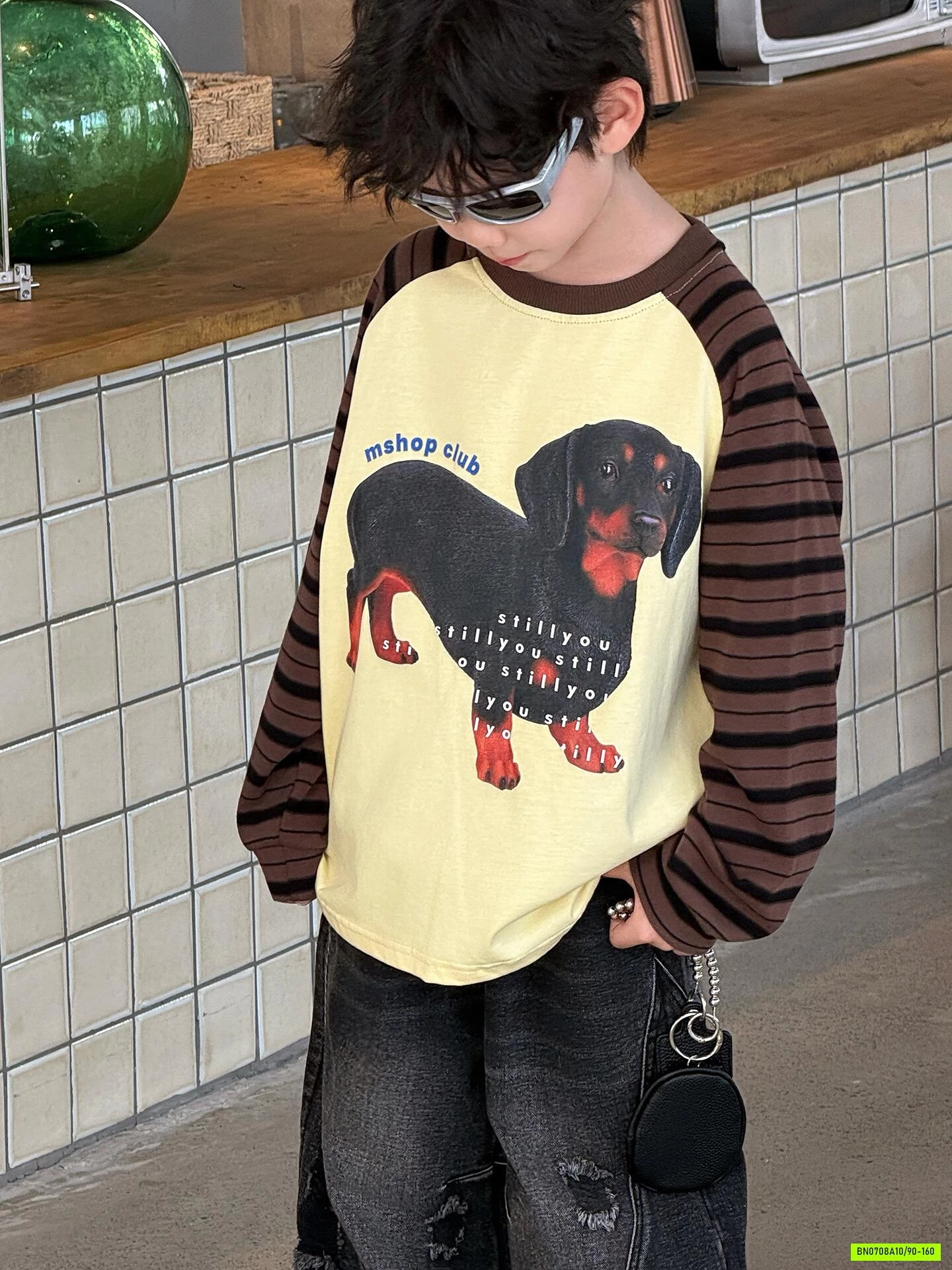 ÁO THUN CÚN PHỐI TAY KẺ NÂU MSHOPKIDS