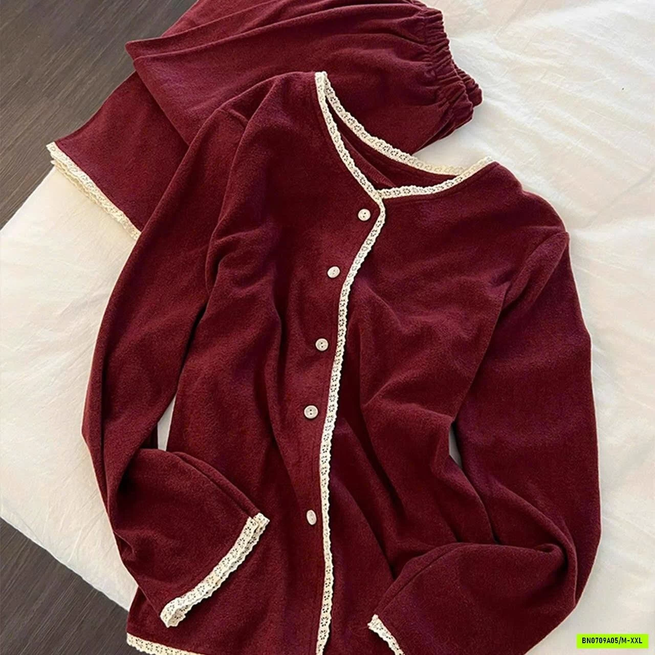 SET ĐỒ NGỦ NỈ BĂNG LÔNG PHỐI REN