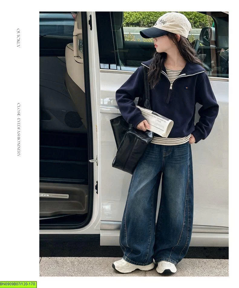 SÉT ÁO NỈ CỔ KHÓA MIX QUẦN JEAN ỐNG RỘNG