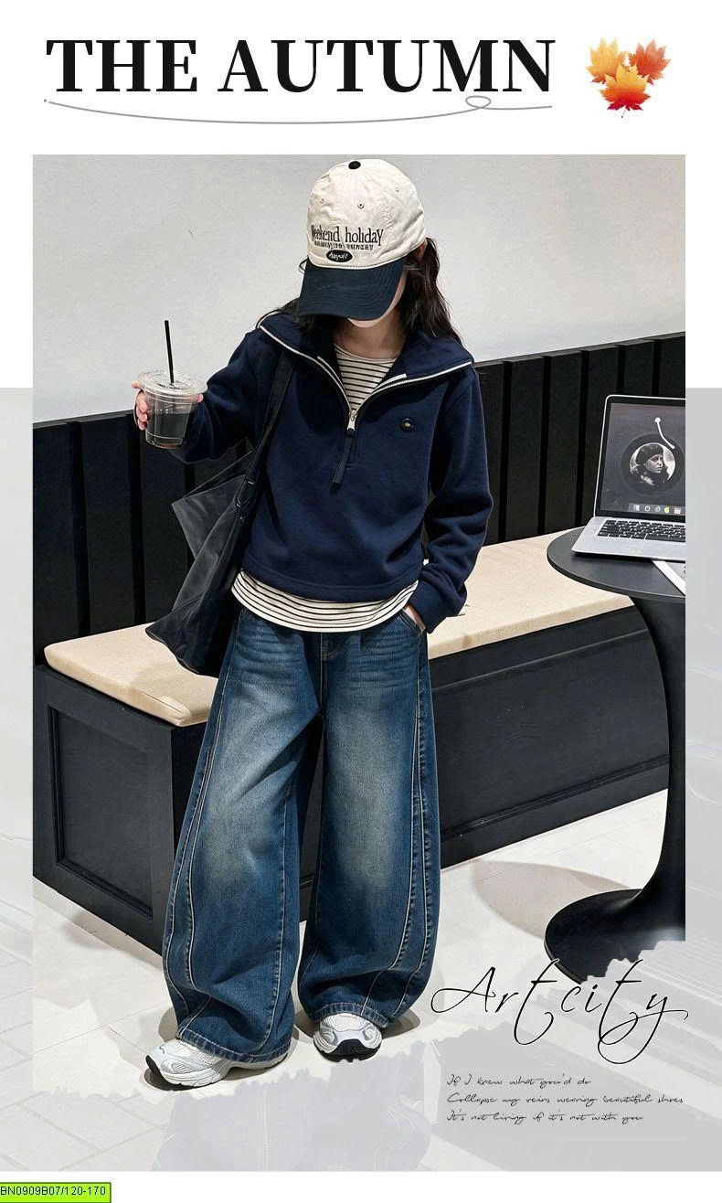 SÉT ÁO NỈ CỔ KHÓA MIX QUẦN JEAN ỐNG RỘNG