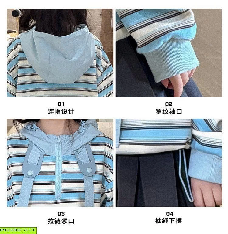 ÁO NỈ KẺ XANH LIỀN MŨ
