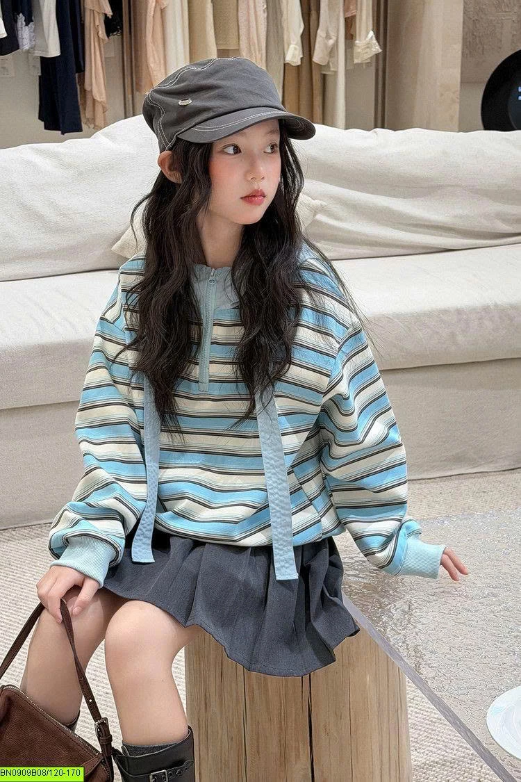 ÁO NỈ KẺ XANH LIỀN MŨ