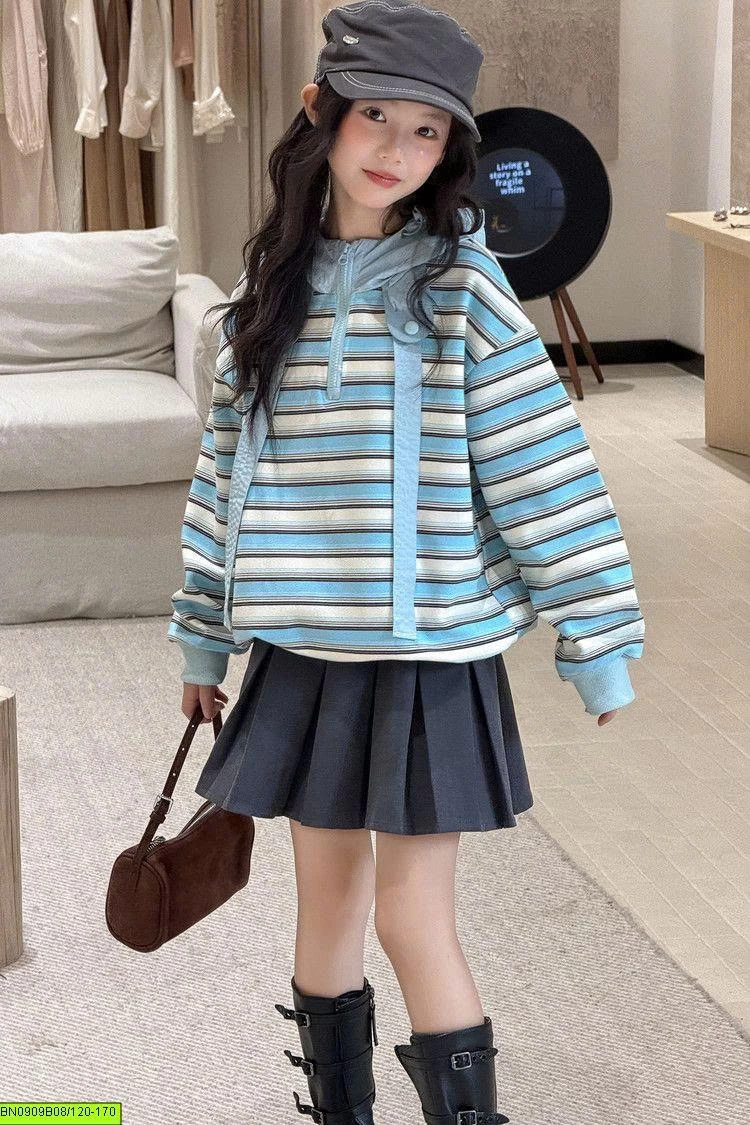 ÁO NỈ KẺ XANH LIỀN MŨ