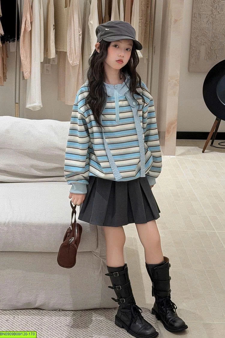 ÁO NỈ KẺ XANH LIỀN MŨ