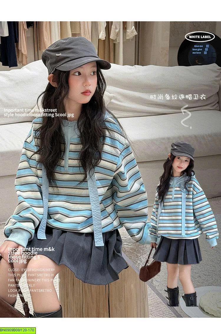 ÁO NỈ KẺ XANH LIỀN MŨ