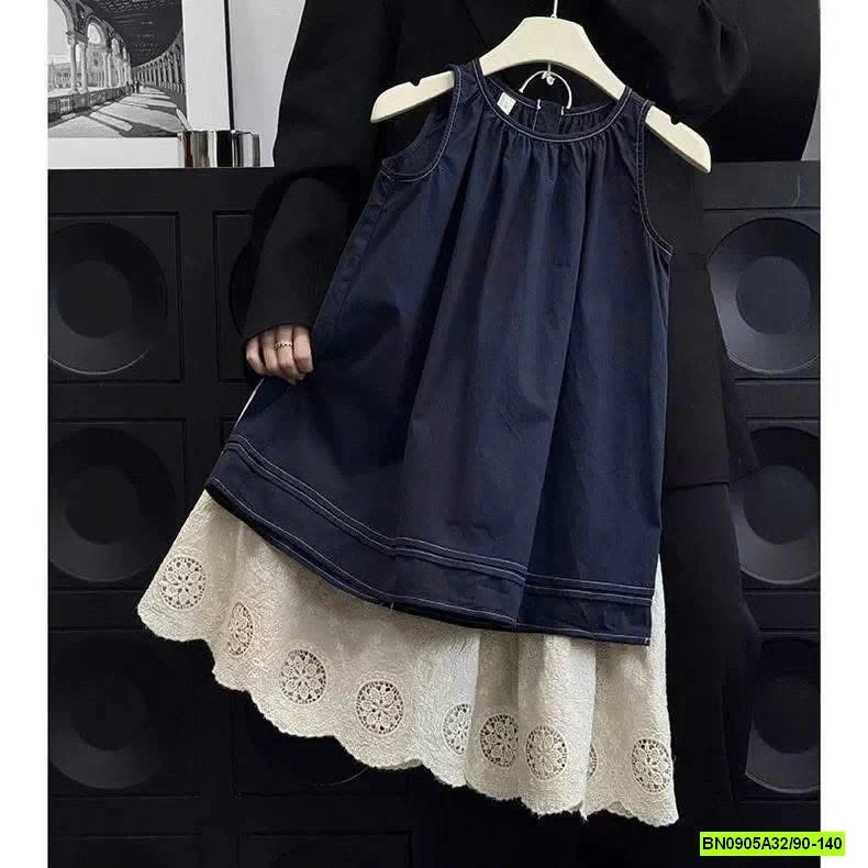 ĐẦM JEANS CỔ YẾM MIX CV REN