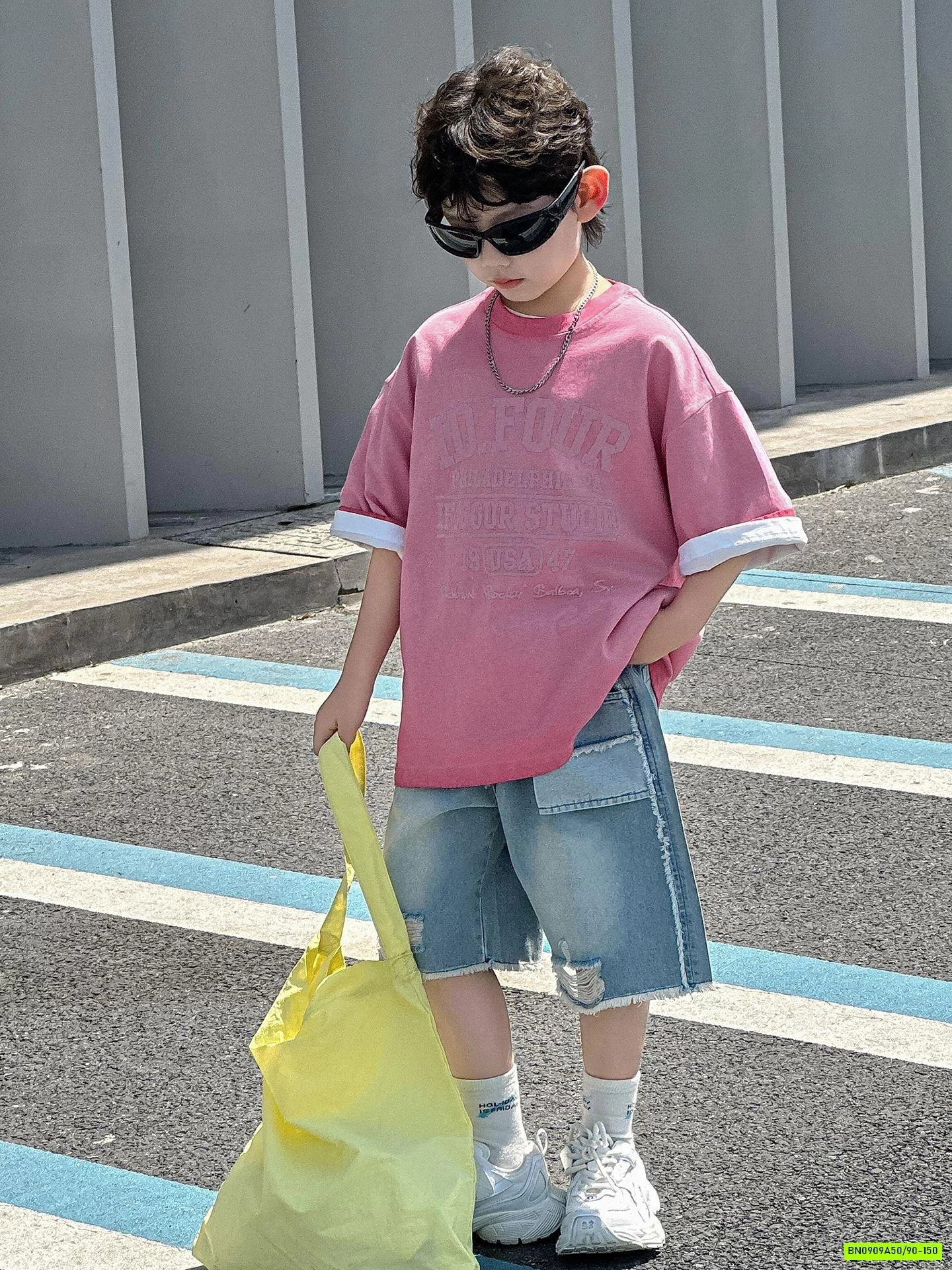 ÁO THUN HỒNG LOANG MIX JEANS RÁCH