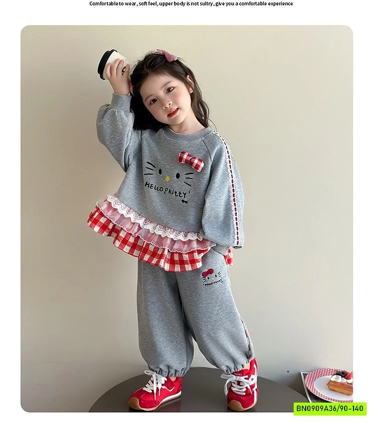 SÉT NỈ XÁM VIỀN CARO ĐỎ KITTY