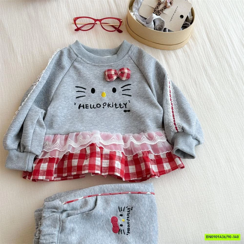 SÉT NỈ XÁM VIỀN CARO ĐỎ KITTY