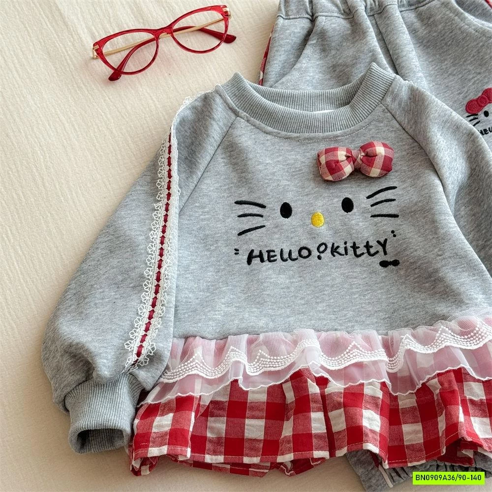 SÉT NỈ XÁM VIỀN CARO ĐỎ KITTY