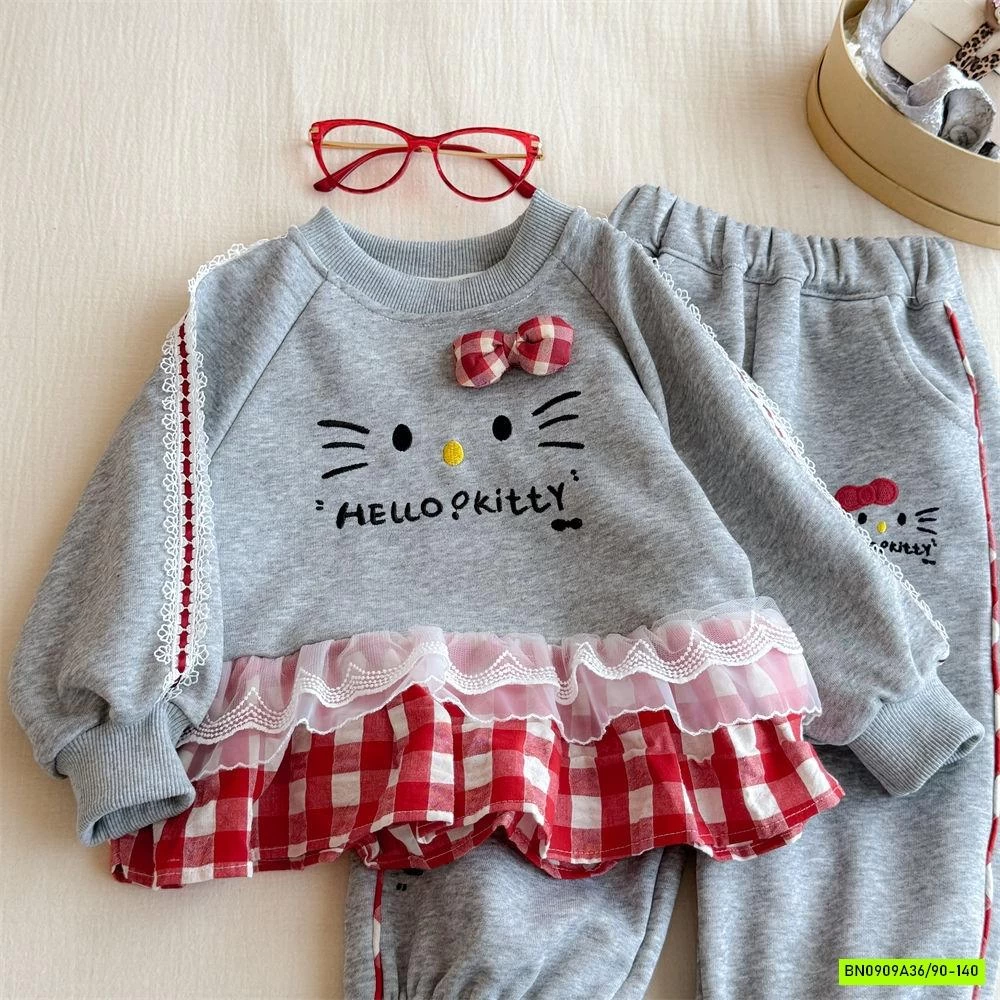 SÉT NỈ XÁM VIỀN CARO ĐỎ KITTY