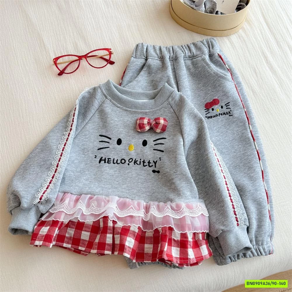 SÉT NỈ XÁM VIỀN CARO ĐỎ KITTY