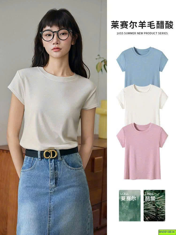ÁO THUN CỘC TAY CỔ TRÒN CHO NỮ