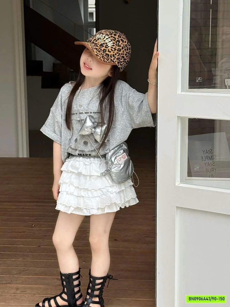 ÁO KITTY XÁM GẮN NƠ MIX CV REN TRẮNG