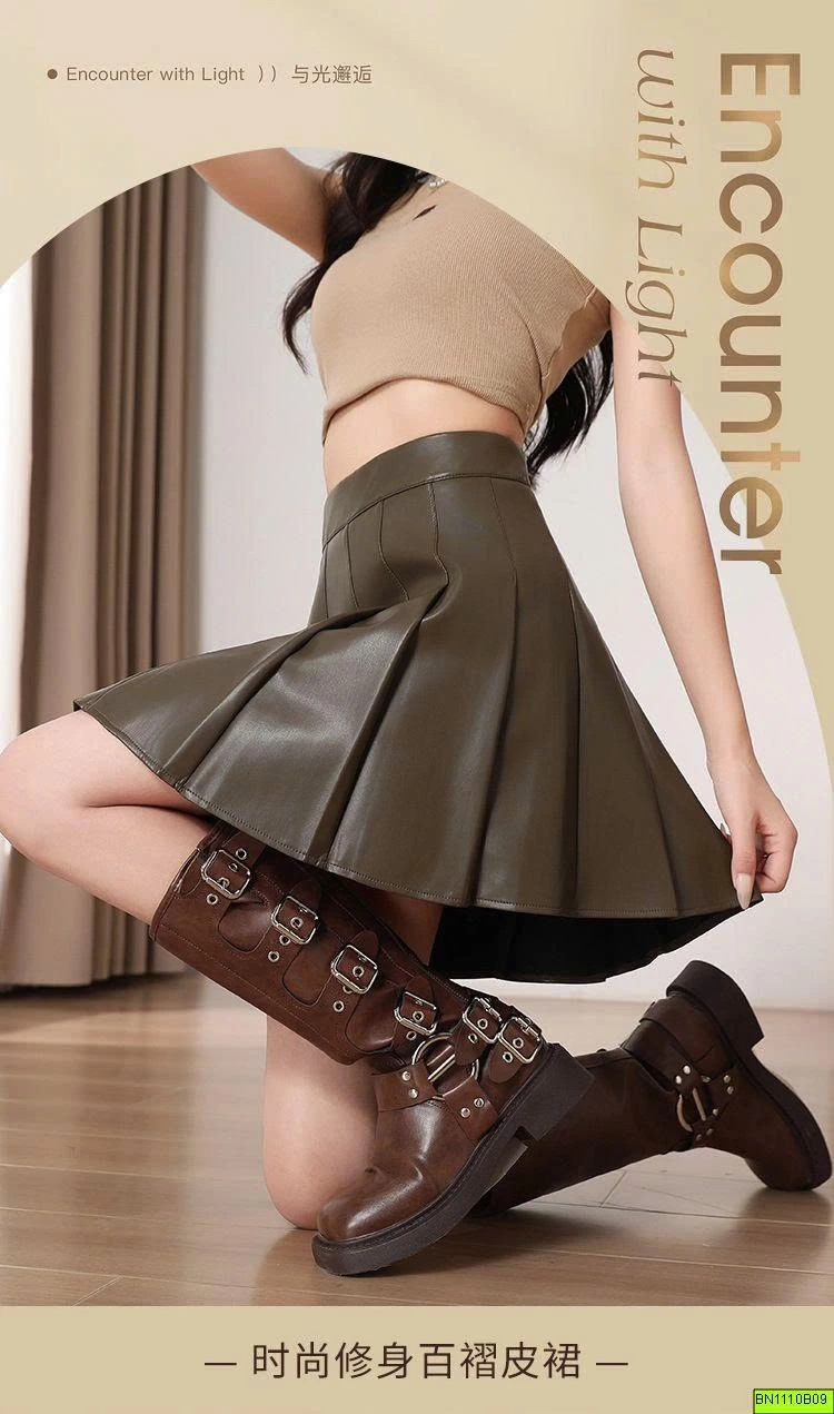CHÂN VÁY DA XẾP LÝ DÁNG NGẮN