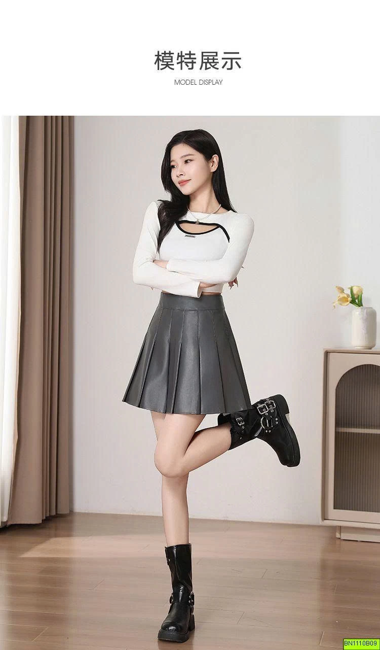 CHÂN VÁY DA XẾP LÝ DÁNG NGẮN