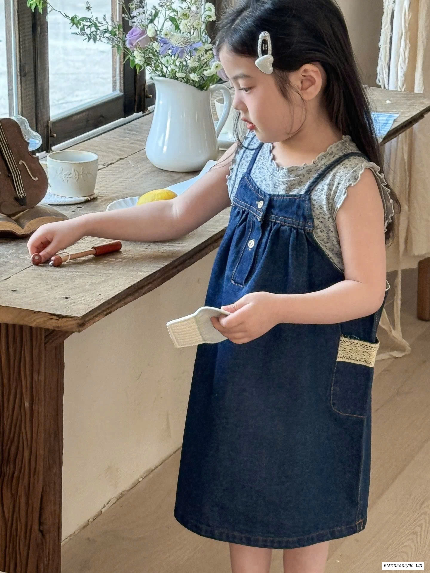 ĐẦM JEANS 2 DÂY MIX ÁO HOA