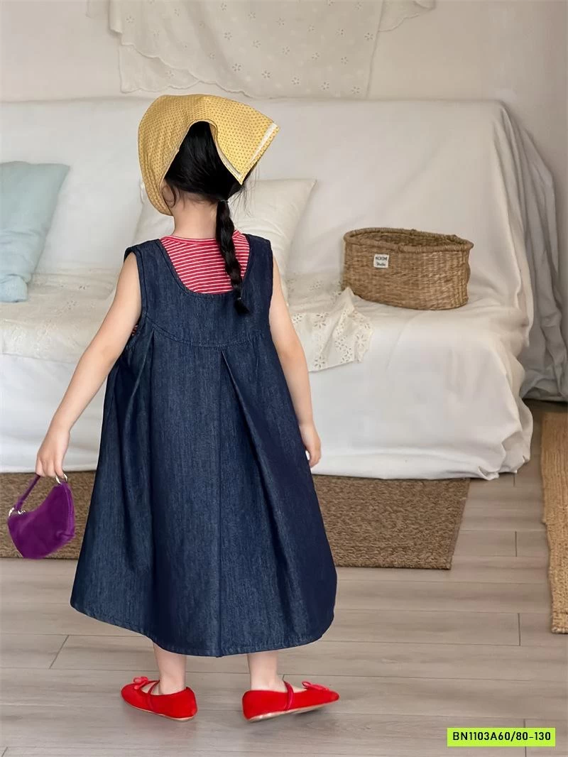 ĐẦM DENIM MIX ÁO KẺ ĐỎ