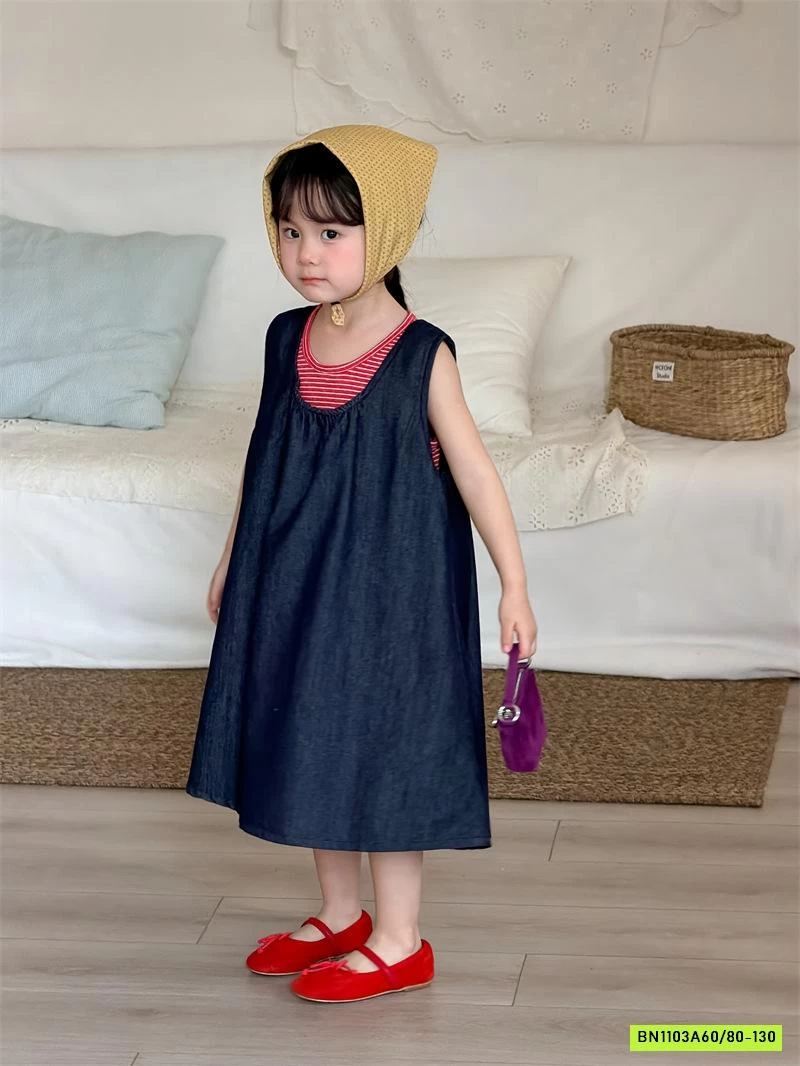 ĐẦM DENIM MIX ÁO KẺ ĐỎ