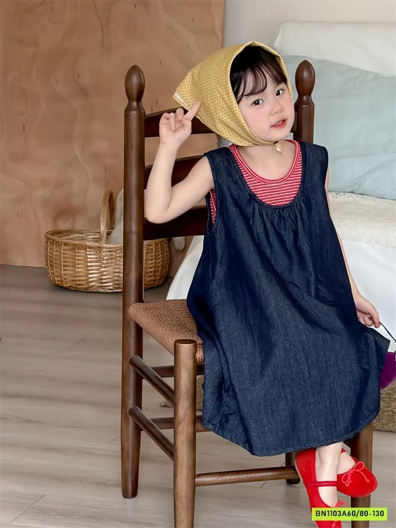 ĐẦM DENIM MIX ÁO KẺ ĐỎ