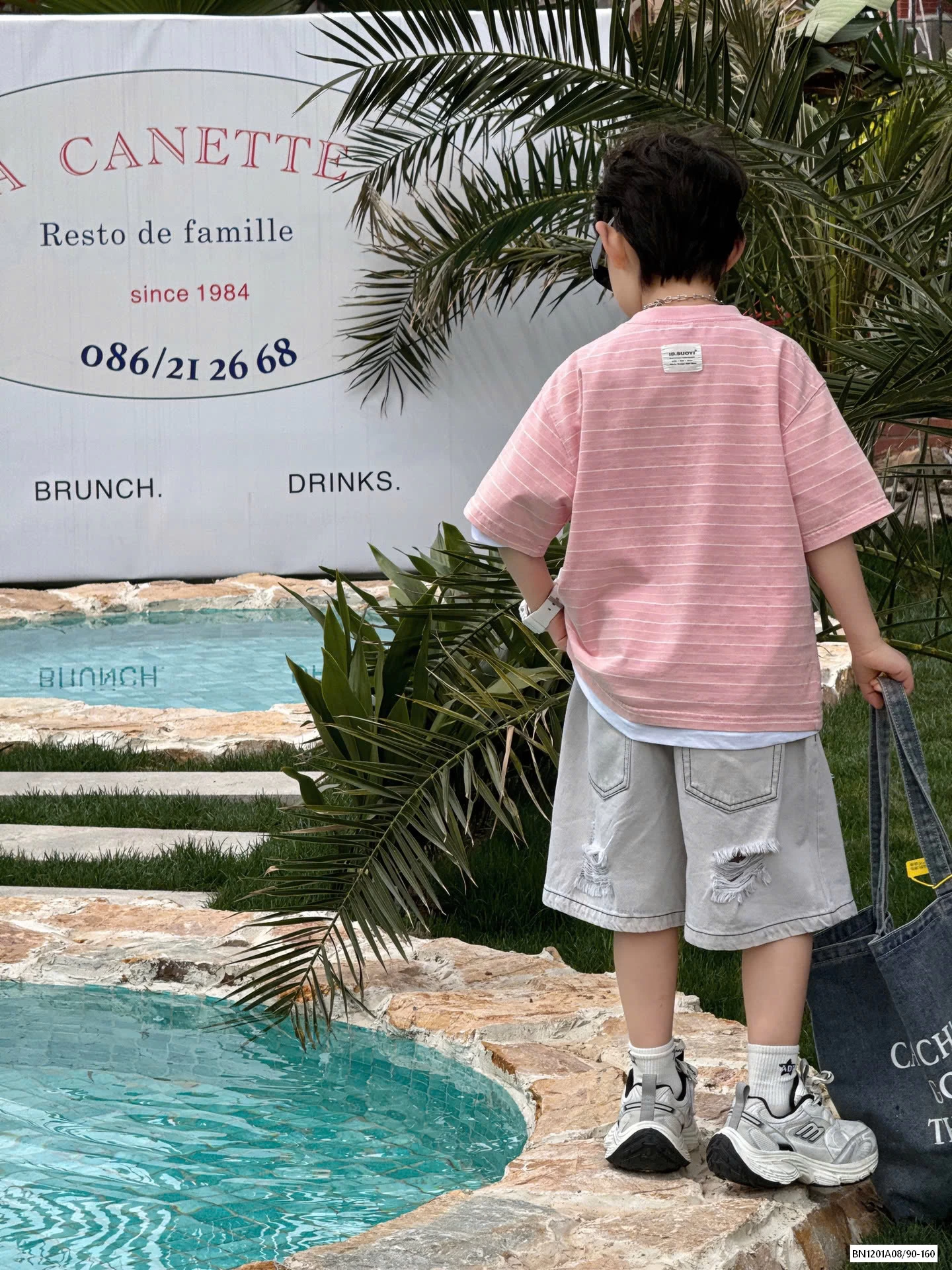 ÁO KẺ HỒNG MIX JEANS RÁCH