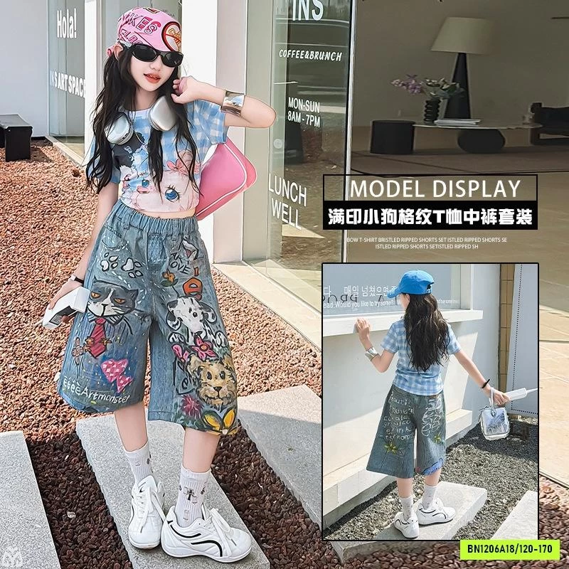 CROPTOP CARO XANH MIX JEANS LỠ IN CÚN