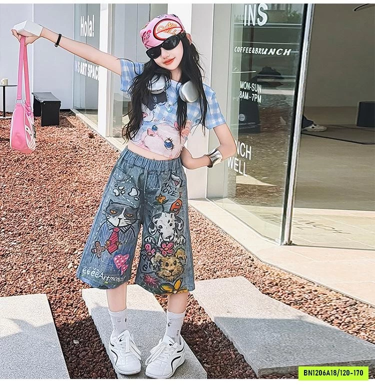 CROPTOP CARO XANH MIX JEANS LỠ IN CÚN