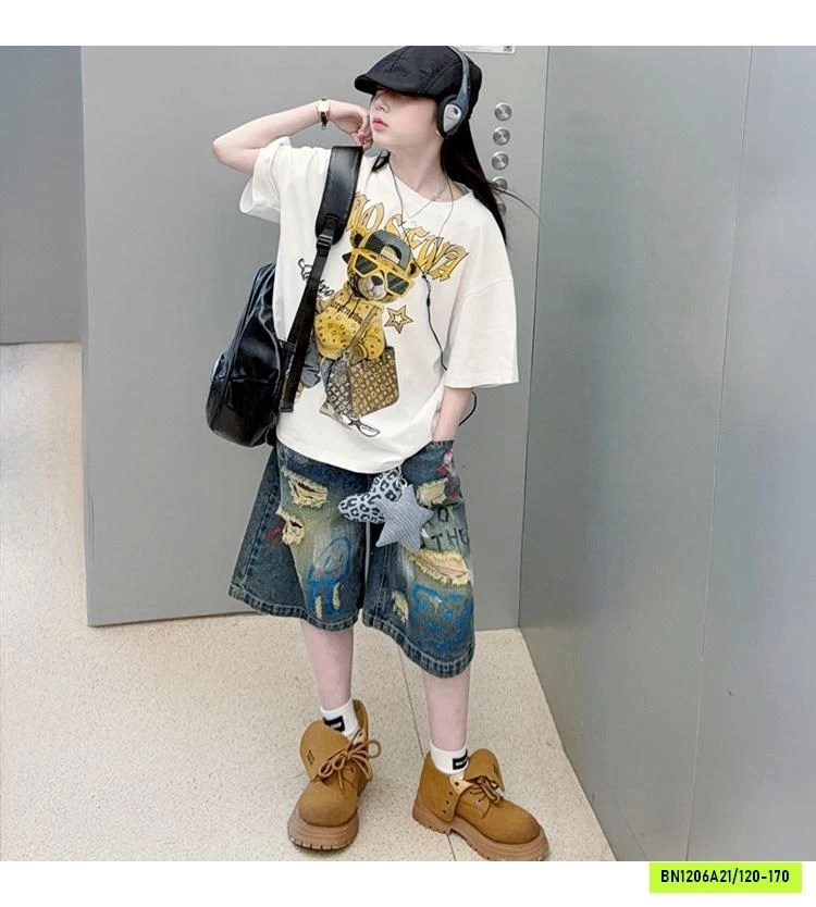 ÁO THUN GẤU MIX JEANS RÁCH CÁ TÍNH