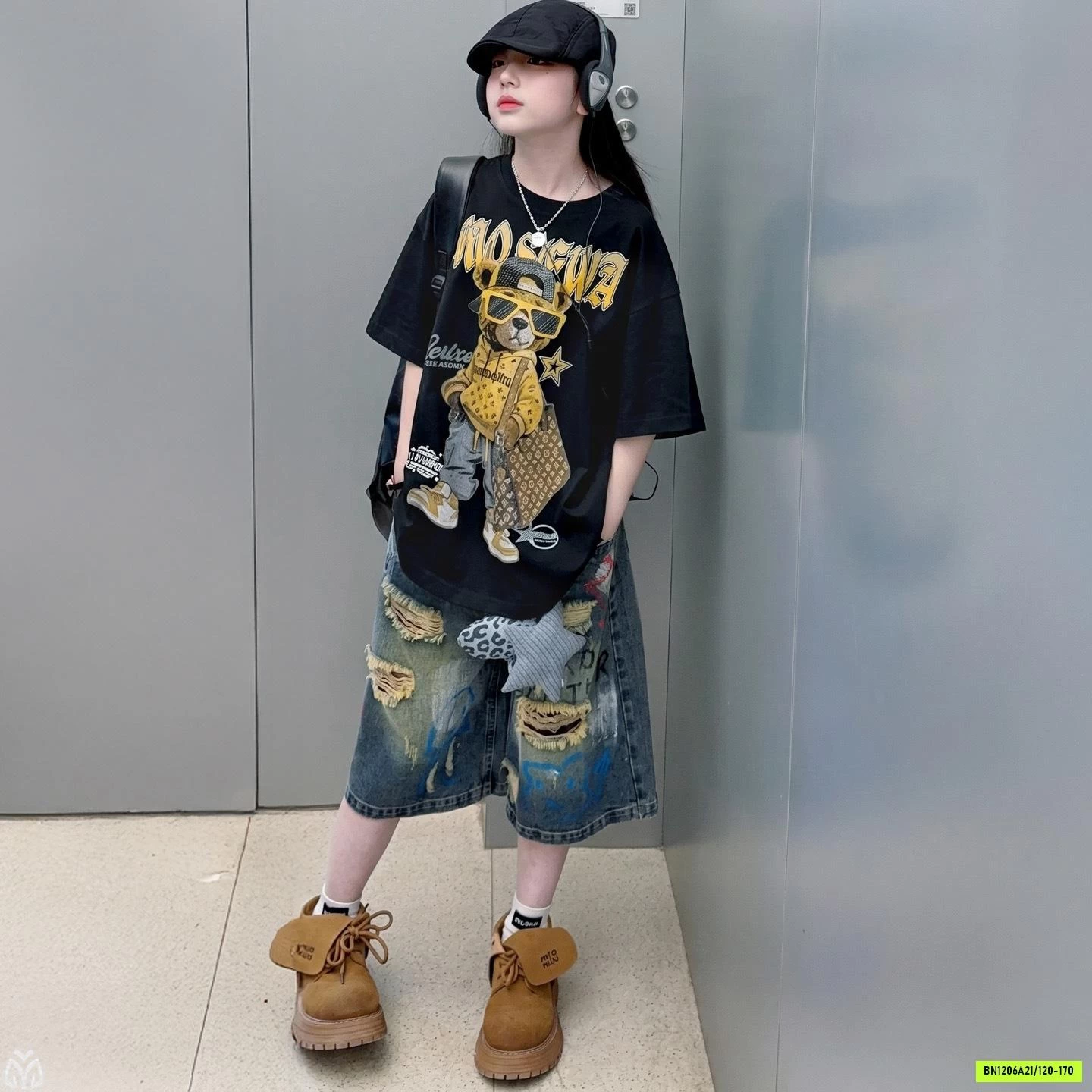 ÁO THUN GẤU MIX JEANS RÁCH CÁ TÍNH