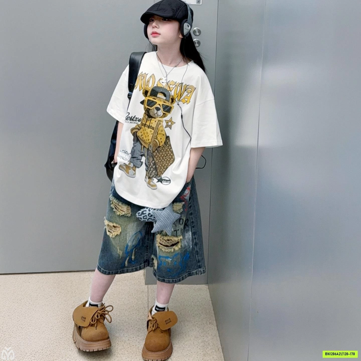 ÁO THUN GẤU MIX JEANS RÁCH CÁ TÍNH