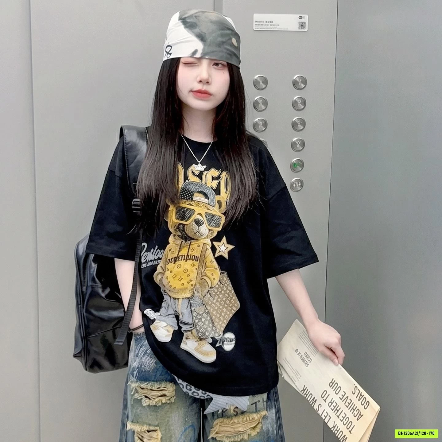 ÁO THUN GẤU MIX JEANS RÁCH CÁ TÍNH