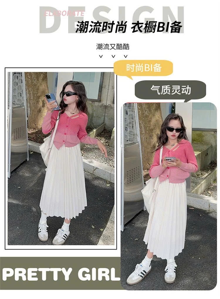 SET ÁO LEN CARDIGAN MIX CHÂN VÁY XẾP LY DÁNG DÀI