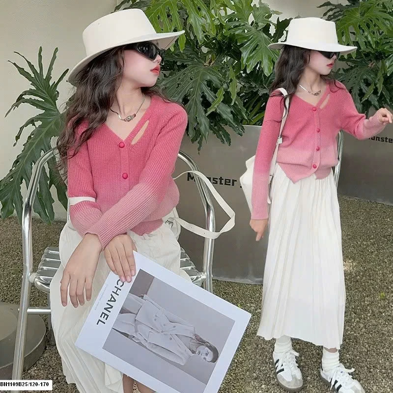 SET ÁO LEN CARDIGAN MIX CHÂN VÁY XẾP LY DÁNG DÀI