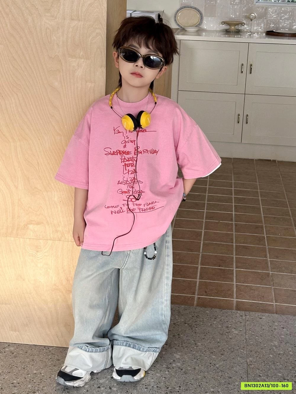 ÁO THUN HỒNG MIX JEANS SUÔNG GẤP GẤU AFTE