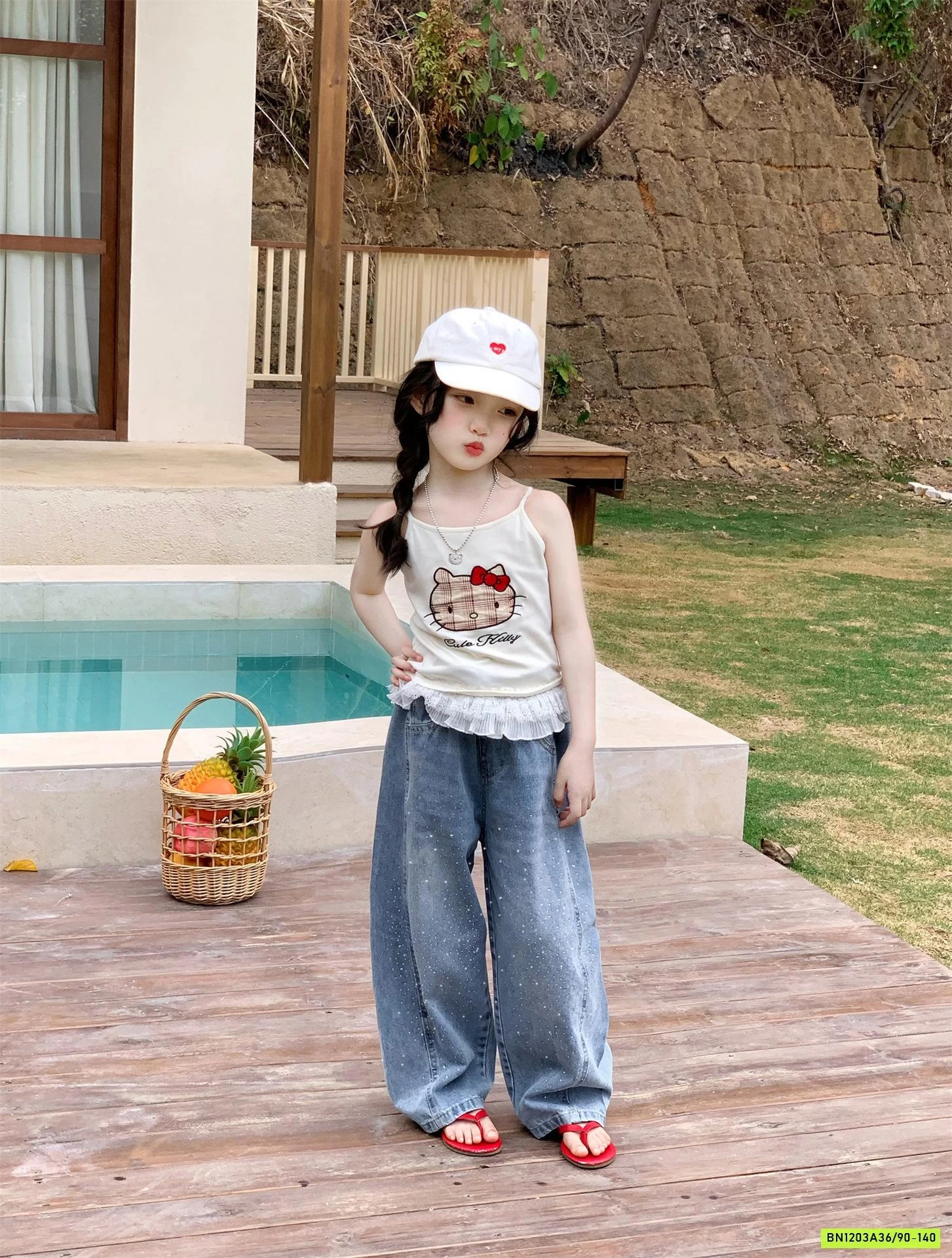 ÁO 2 DÂY KITTY MIX JEANS SUÔNG ĐÍNH ĐÁ