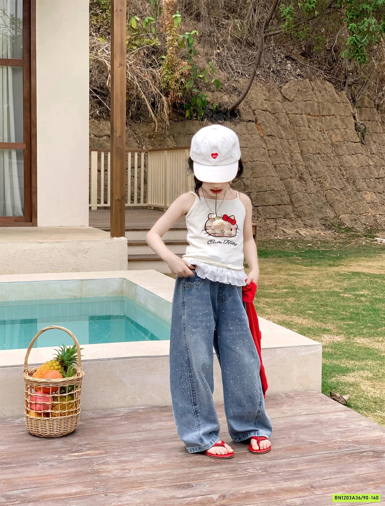 ÁO 2 DÂY KITTY MIX JEANS SUÔNG ĐÍNH ĐÁ