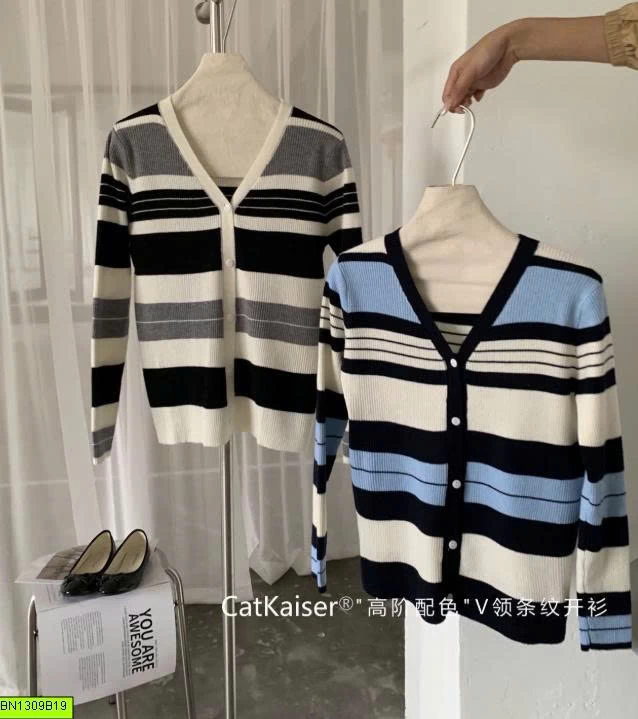 ÁO CARDIGAN LEN KẺ NGANG