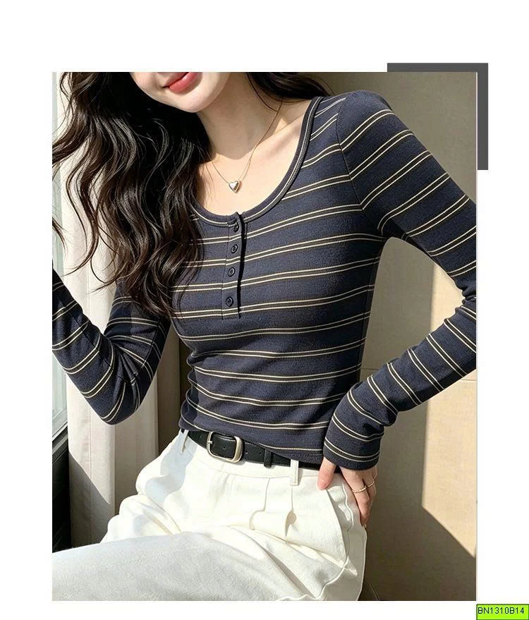 ÁO THUN KẺ DÀI TAY CÚC CỔ