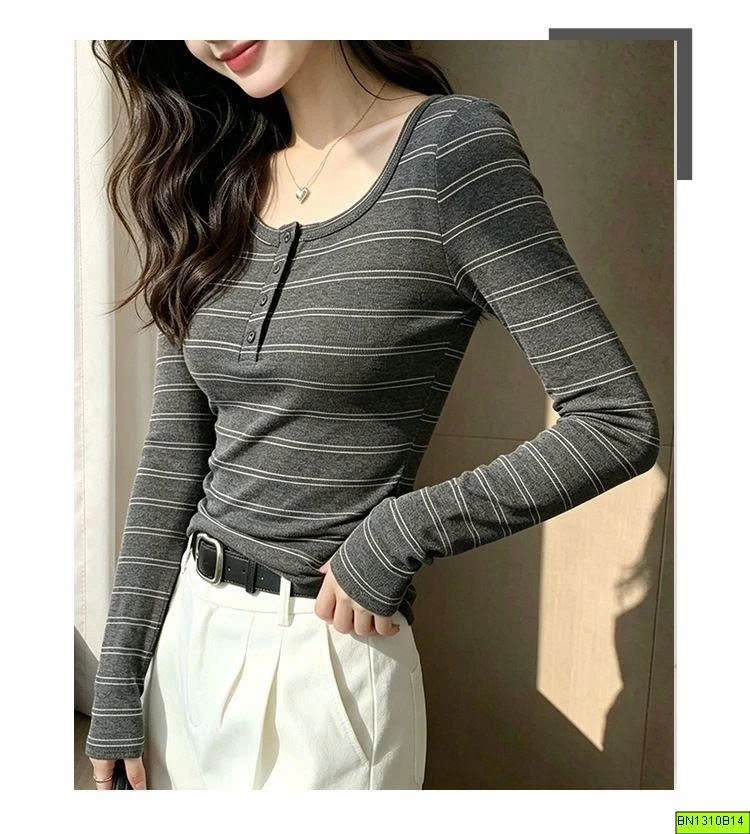 ÁO THUN KẺ DÀI TAY CÚC CỔ