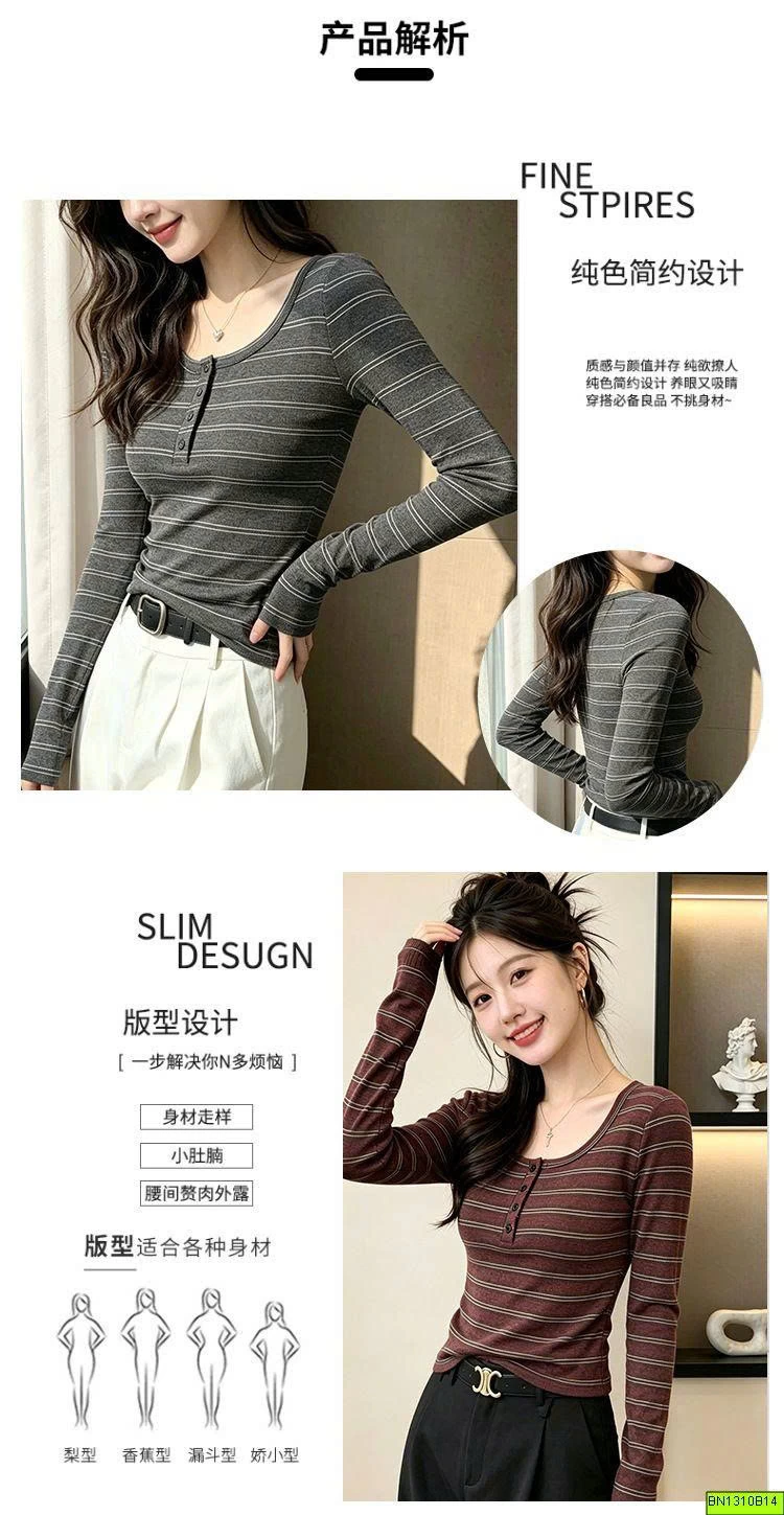 ÁO THUN KẺ DÀI TAY CÚC CỔ