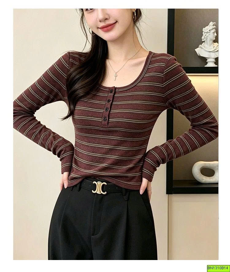 ÁO THUN KẺ DÀI TAY CÚC CỔ