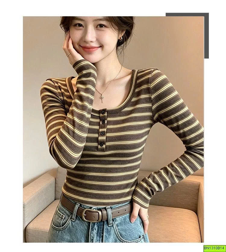 ÁO THUN KẺ DÀI TAY CÚC CỔ