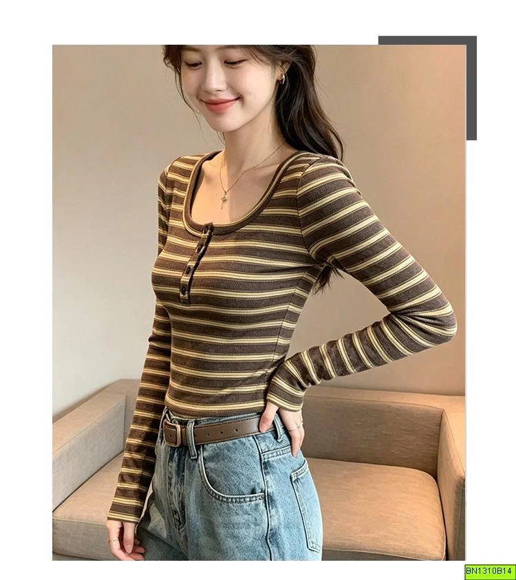 ÁO THUN KẺ DÀI TAY CÚC CỔ