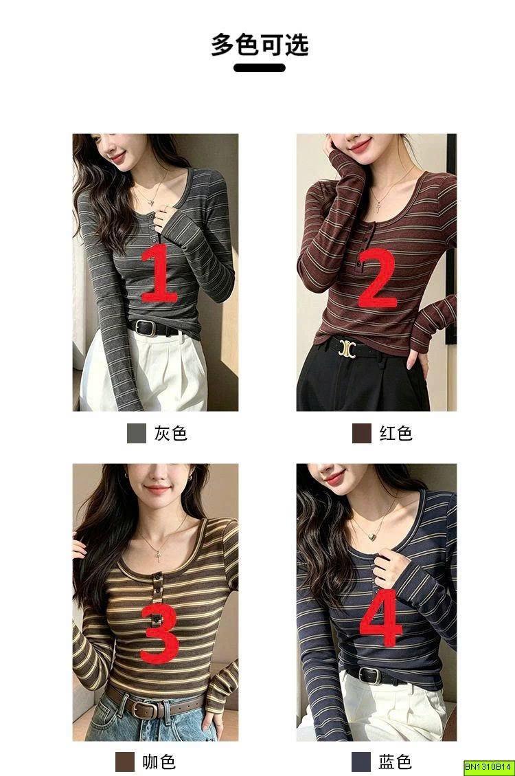 ÁO THUN KẺ DÀI TAY CÚC CỔ