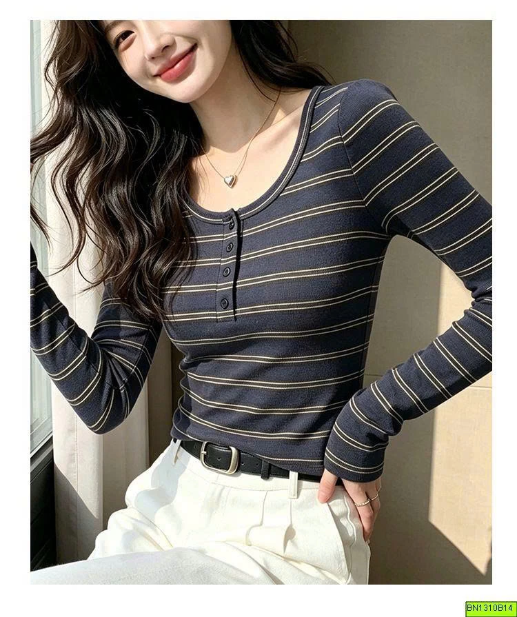 ÁO THUN KẺ DÀI TAY CÚC CỔ