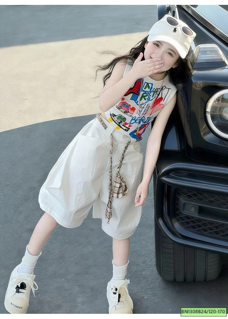 SÉT ÁO CROPTOP SÁT NÁCH IN HÌNH MIX QUẦN SHORT TRẮNG