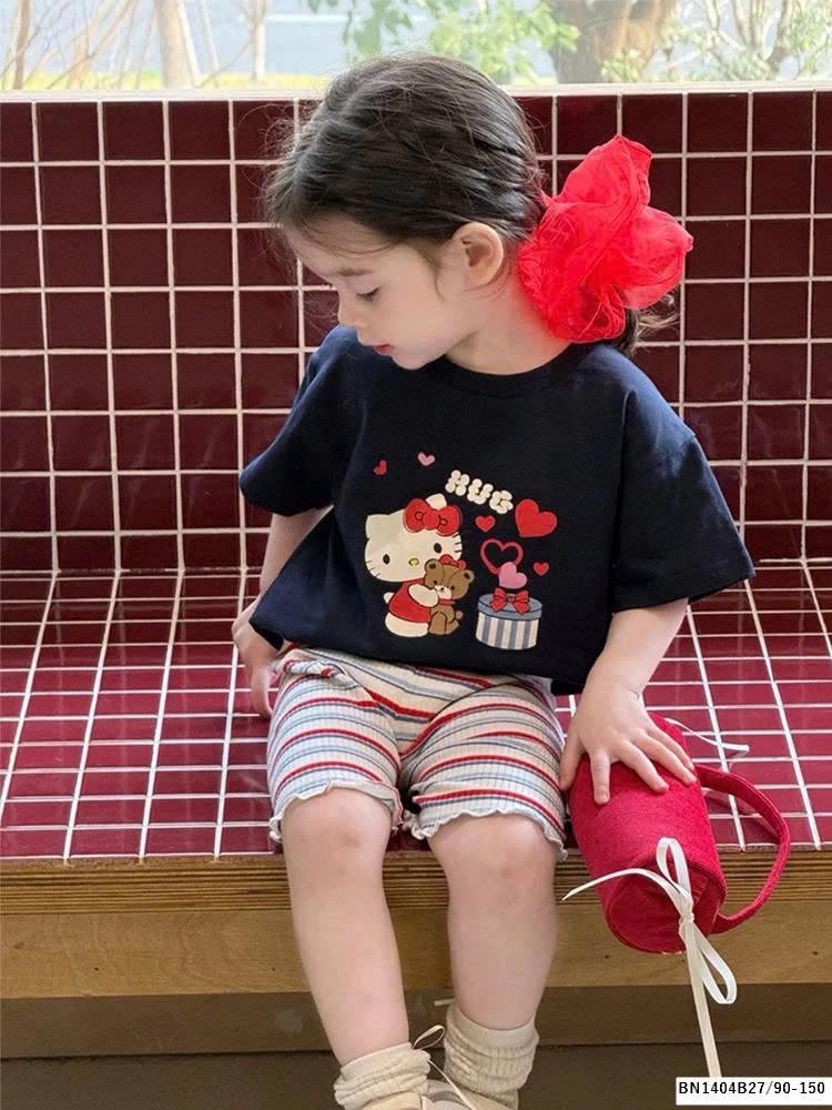 SÉT ÁO THUN KITTY MIX QUẦN LEG ĐÙI KẺ