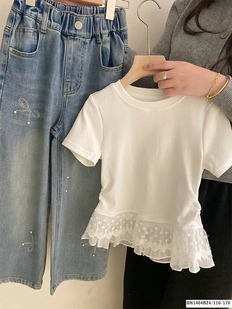 SÉT ÁO PHÔNG PHỐI REN  MIX QUẦN JEAN NƠ