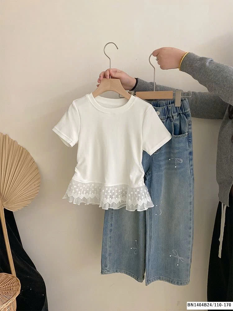 SÉT ÁO PHÔNG PHỐI REN  MIX QUẦN JEAN NƠ