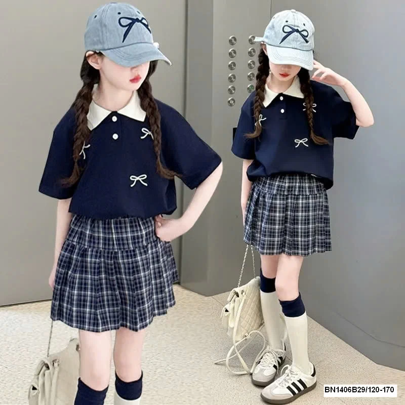 SET ÁO POLO NƠ MIX CHÂN VÁY XẾP LY